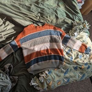 ROMWE Women's Striped Crewneck Sweater - Orange, Blue, Gray